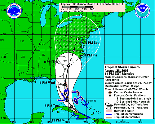 [Image of 5-day forecast of predicted track, and coastal areas under a warning or a watch]