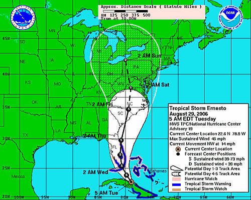 [Image of 5-day forecast of predicted track, and coastal areas under a warning or a watch]