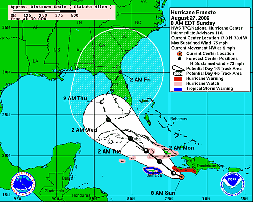 [Image of 5-day forecast of predicted track, and coastal areas under a warning or a watch]