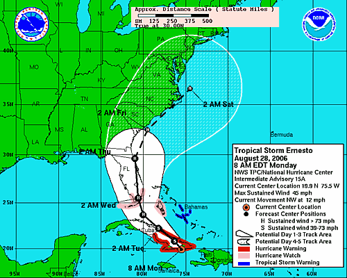 [Image of 5-day forecast of predicted track, and coastal areas under a warning or a watch]