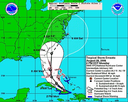 [Image of 5-day forecast of predicted track, and coastal areas under a warning or a watch]