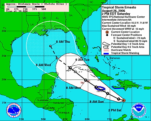 [Image of 5-day forecast of predicted track, and coastal areas under a warning or a watch]