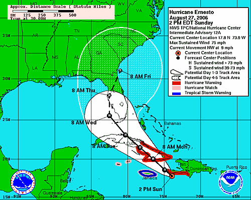 [Image of 5-day forecast of predicted track, and coastal areas under a warning or a watch]