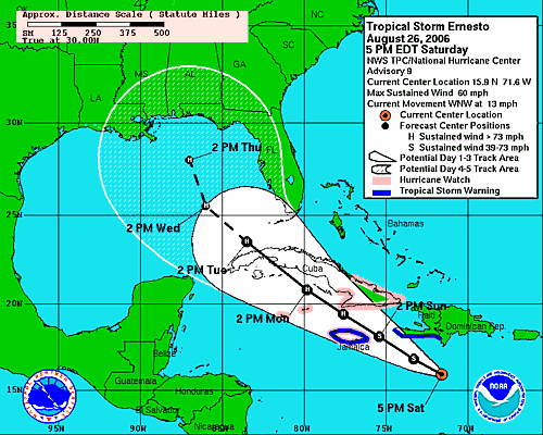 [Image of 5-day forecast of predicted track, and coastal areas under a warning or a watch]