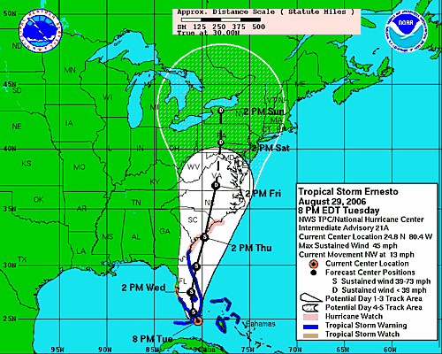 [Image of 5-day forecast of predicted track, and coastal areas under a warning or a watch]